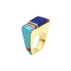 Turquoise & Morencie inlaid gold ring