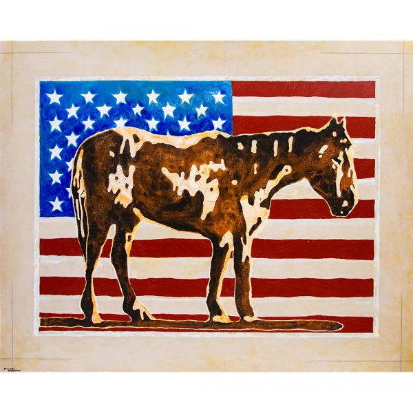 Painting of a horse in front of an American flag