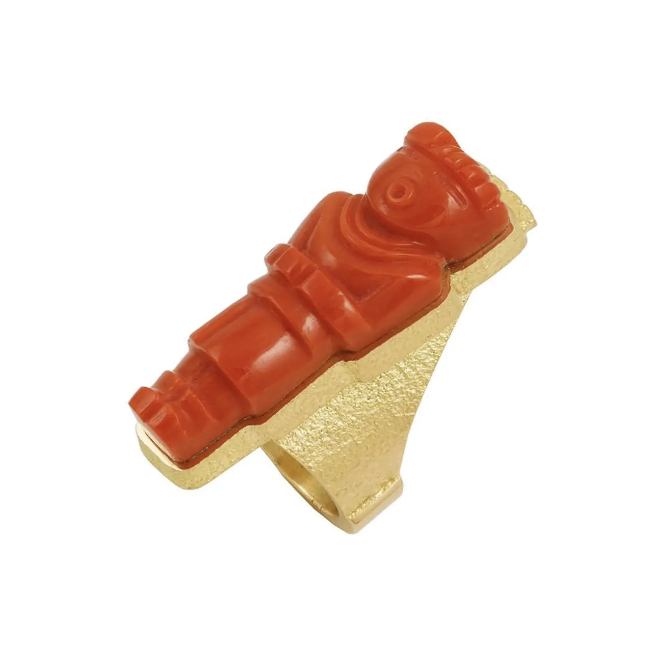 18k gold tufa-cast ring with hand-carved Hopi Kachina in Mediterranean coral by Charles Supplee