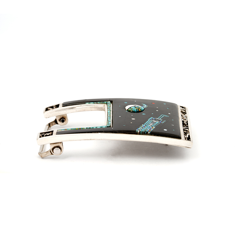 Clark, Carl & Irene Micro-Inlay Belt Buckle – Navajo Moon God & Stylized Yei — view 2