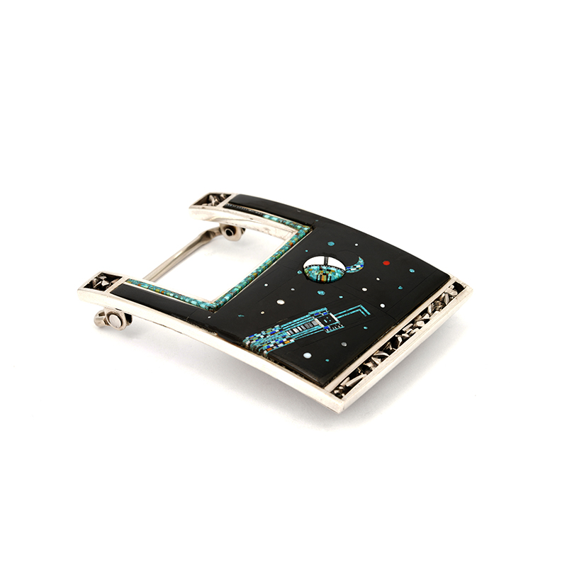 Clark, Carl & Irene Micro-Inlay Belt Buckle – Navajo Moon God & Stylized Yei — view 3