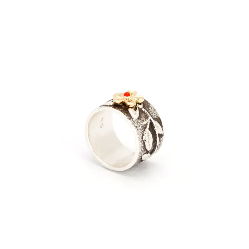 Begay, Rebecca Sterling Silver and Gold Coral Flower Ring
