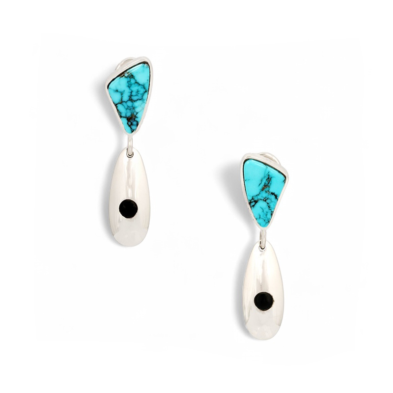 Little James, Sterling Silver Dangle Earrings With Turquoise and Black Jade