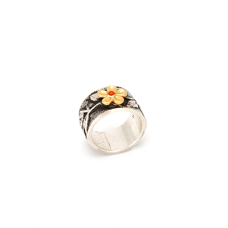 Rebecca, Begay Sterling Silver Ring With Gold Flower