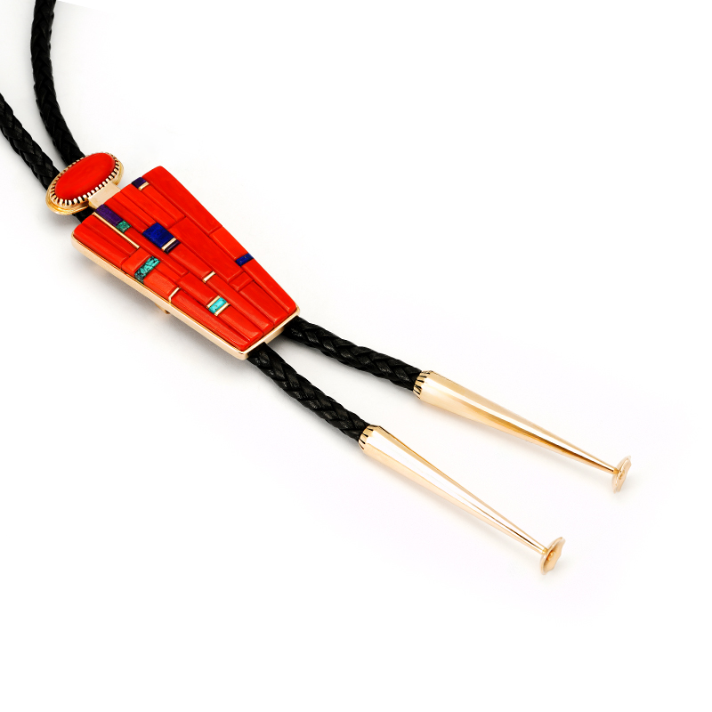 Sonwai (Verma Nequatewa) 18K Gold Stylized Coral Inlaid Figure Bolo And Pendant
