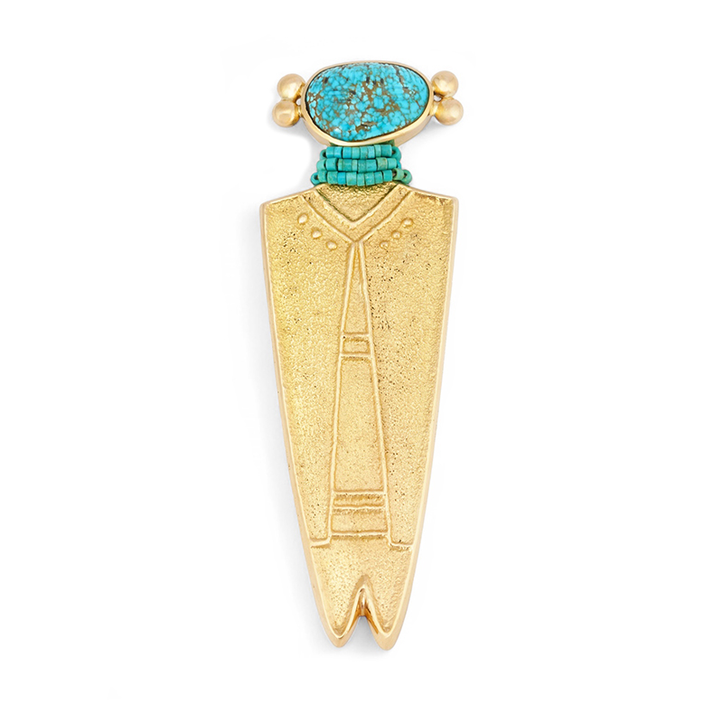 Sonwai (Verma Nequatewa) 18K Gold Figure Pendant With Turquoise and Inlay