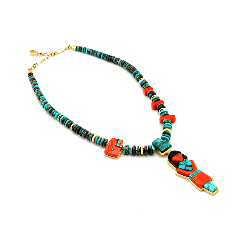 Supplee, Don “Hopi Girl” Necklace – Bisbee Turquoise, 18k Gold & Coral Pendant (Removable)