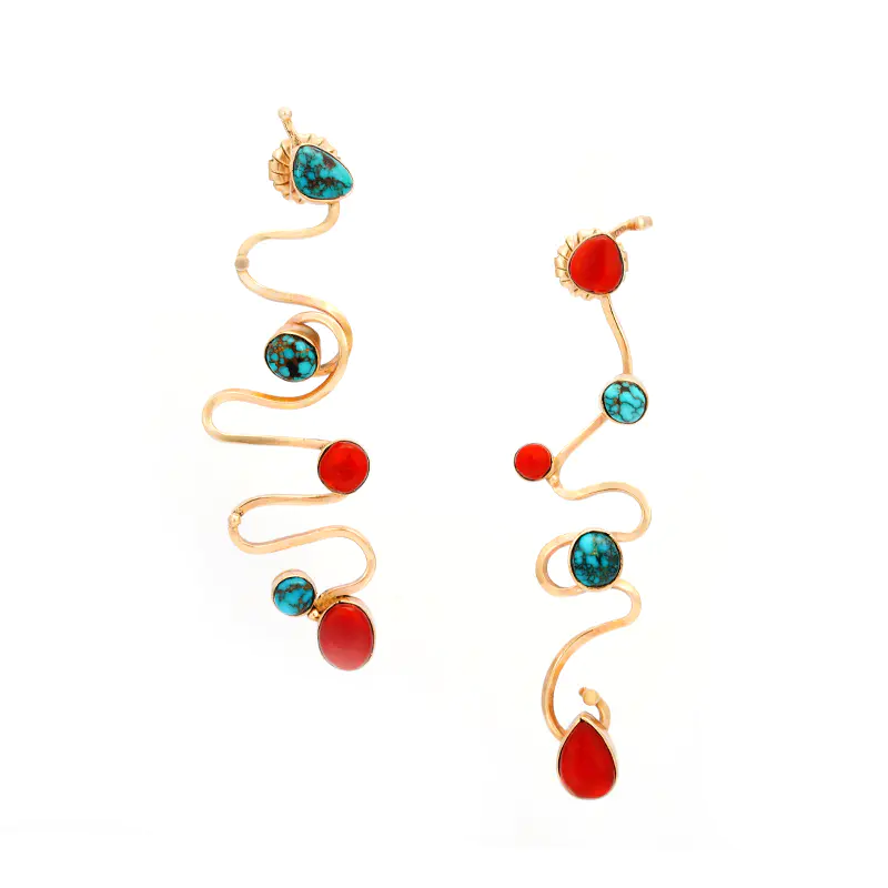 Poblano, Veronica 14K Gold Earrings With Turquoise And Coral