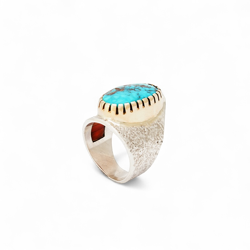 Loloma, Charles Sterling Silver Tufa Cast Turquoise Ring With Inside Inlay