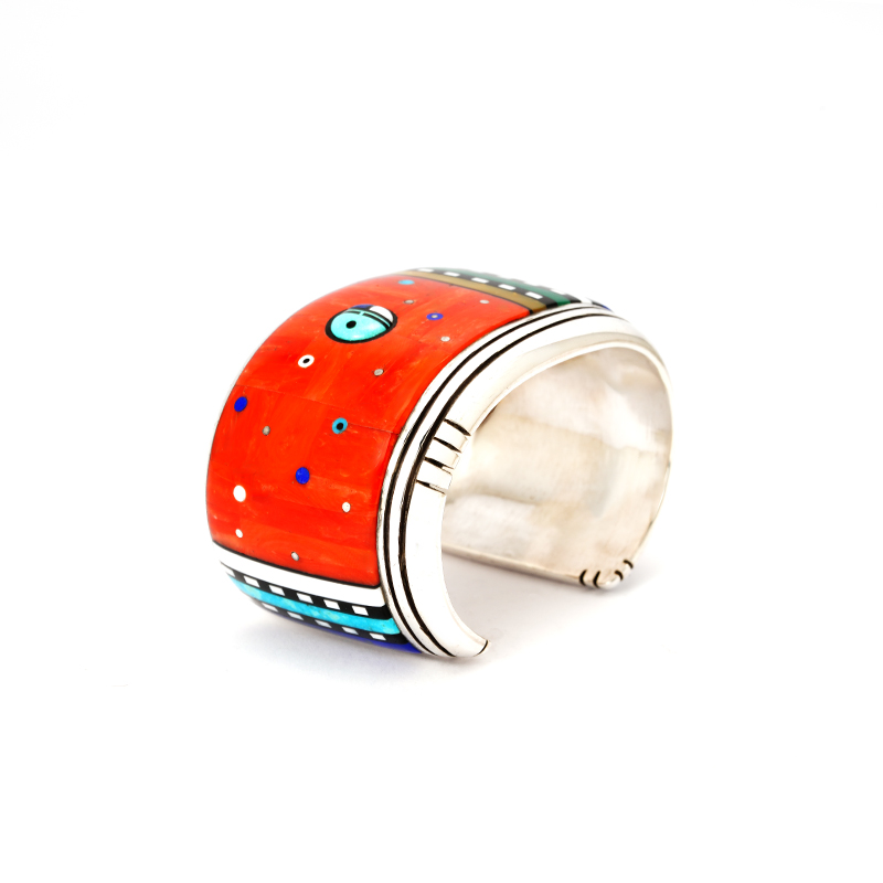 Monongya, Jesse Sterling Silver Coral Inlaid Bracelet