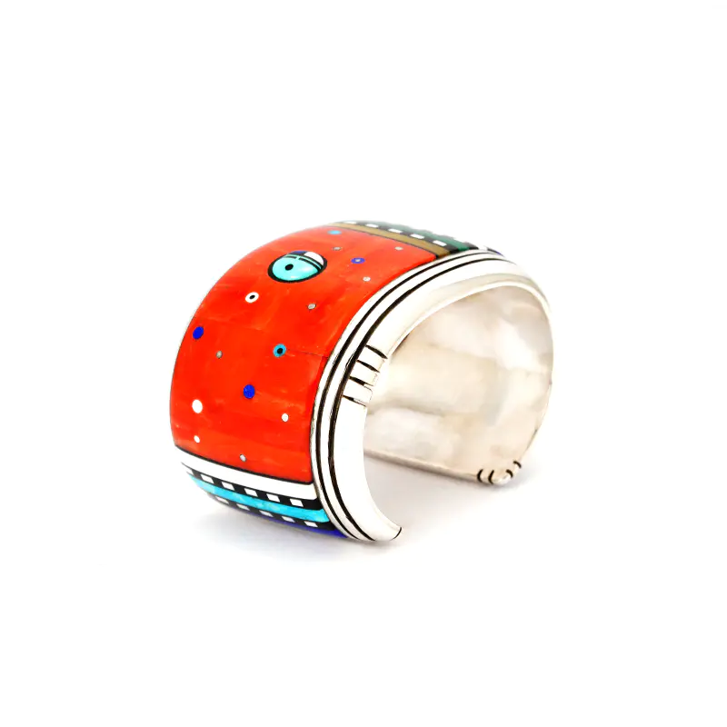 Monongya, Jesse Sterling Silver Coral Inlaid Bracelet