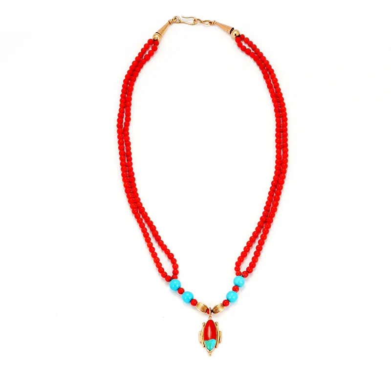 Poblano, Veronica Gold and Coral Turquoise Necklace