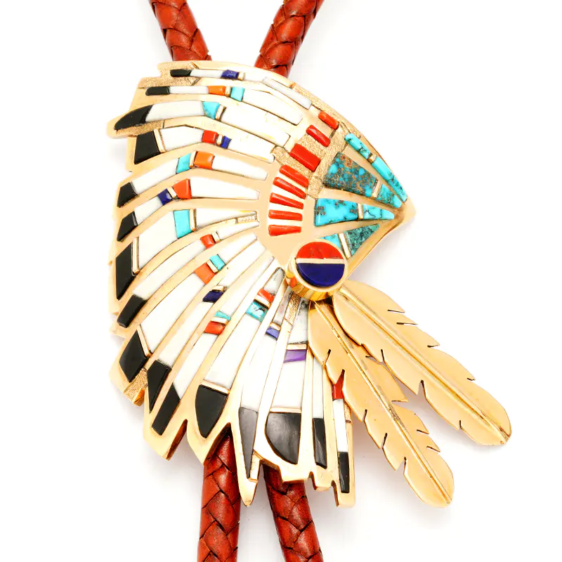 Willie, Wes 18K Gold Inlaid Bolo Tie "War Bonnet"