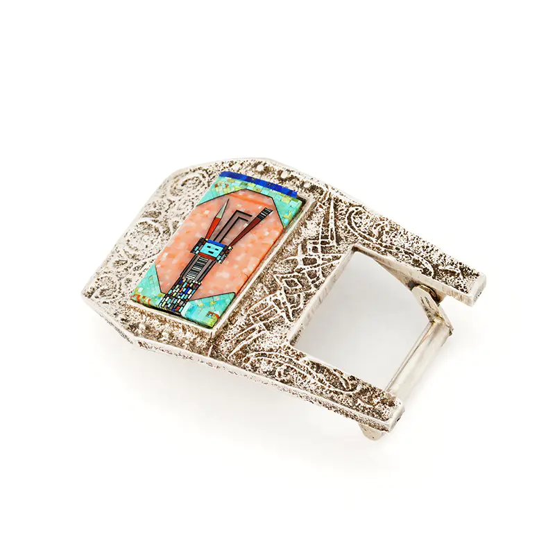Clark, Carl and Irene Sterling Silver Tufa Cast Micro Inlaid Belt Buckle