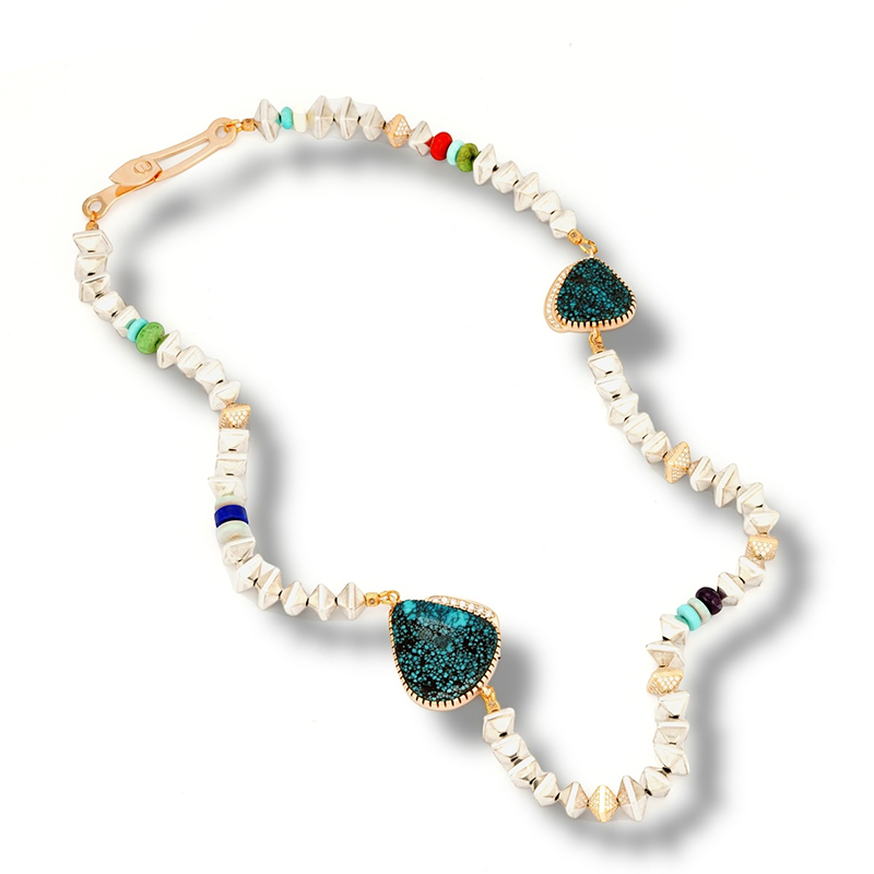 Monongye, Bo Sterling Silver and Gold Necklace With Turquoise