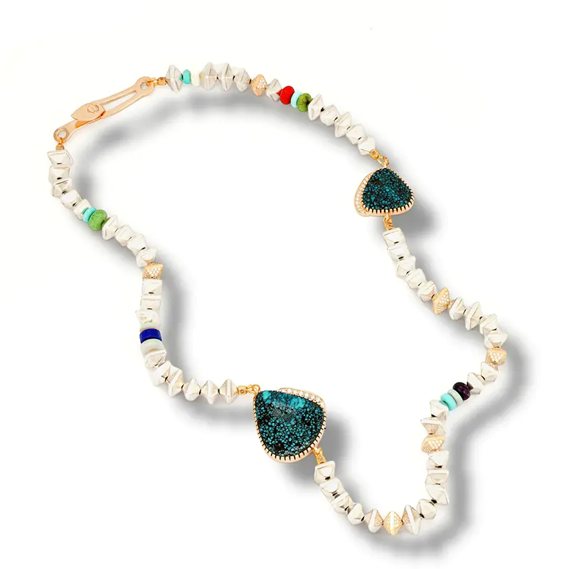 Monongye, Bo Sterling Silver and Gold Necklace With Turquoise