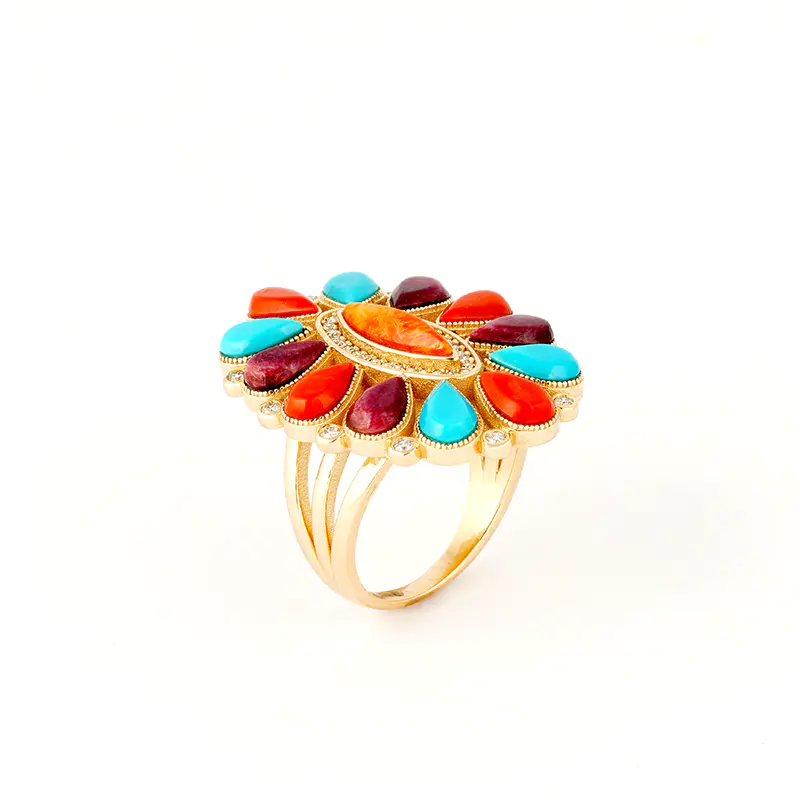Hamdouni, Mia Zaara Sleeping Beauty Turquoise,Spiny Oyster Shell Ring With Diamonds