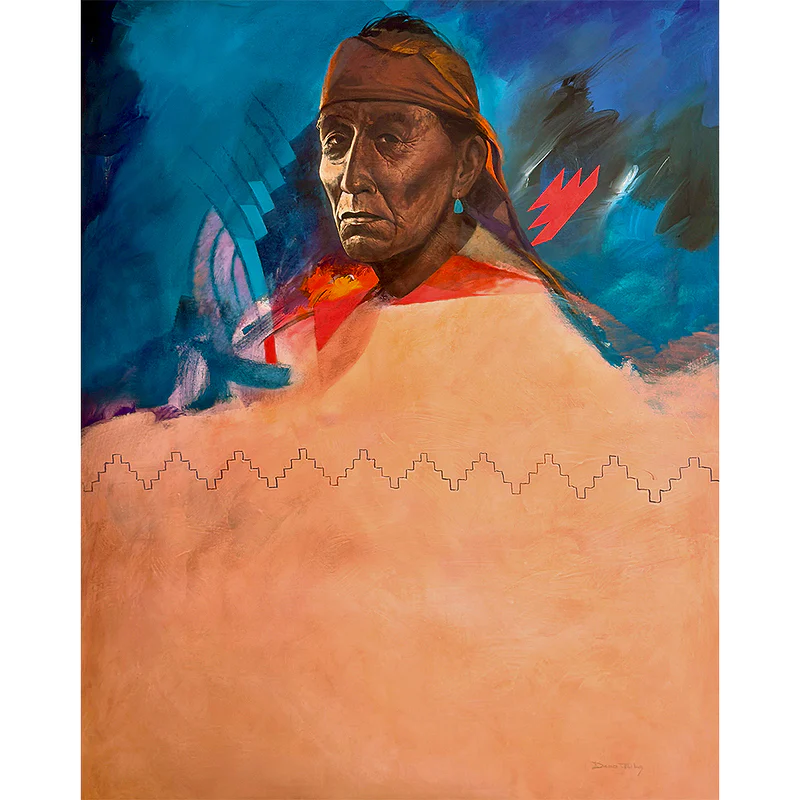 Acrylic on canvas portrait painting by David Johns, created in 1990, titled Portrait-Diné Hunter.