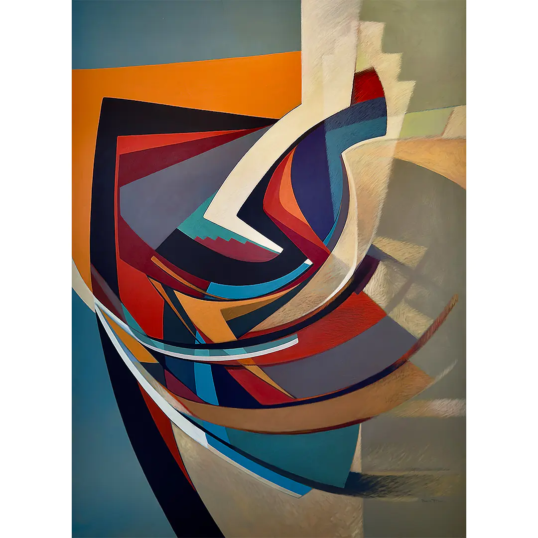 David Johns acrylic on canvas painting of a Navajo portrait with blue background and geometric textile pattern.