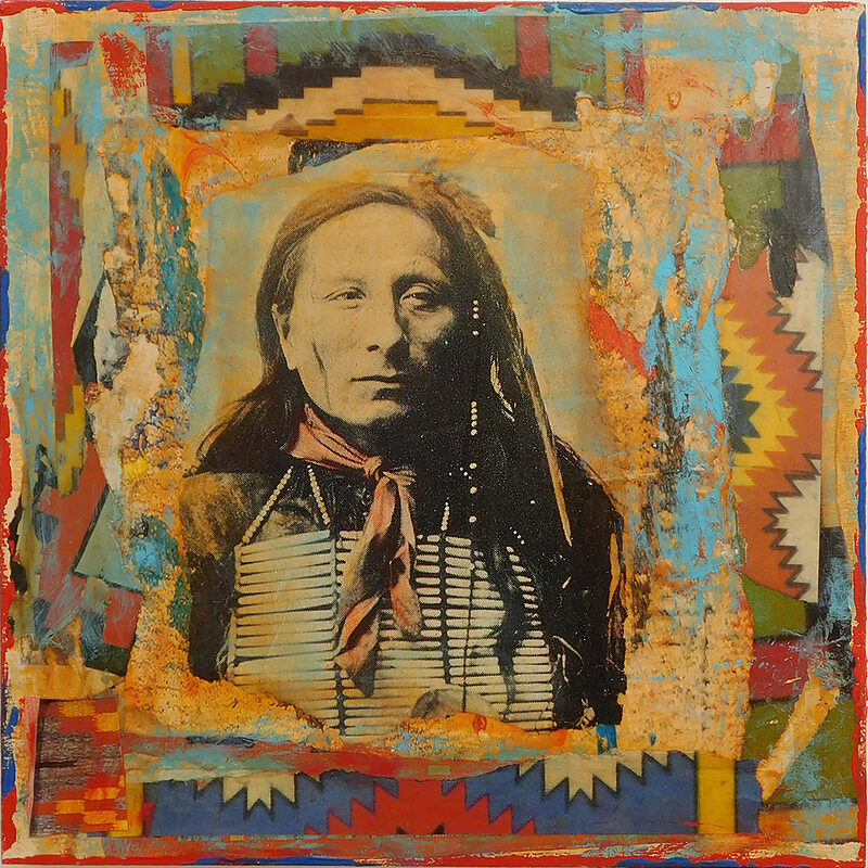 Mixed-media square artwork, 14 x 14 inches, from Dave Newman’s Native Ghost Series. A sepia-toned portrait of an Indigenous person with long hair and a neck scarf appears at the center, layered over rough textured paint and collage. The background is filled with turquoise, ochre, red, and cream, with geometric textile-like patterns framing the figure and giving the piece a weathered, spiritual, archival feel.