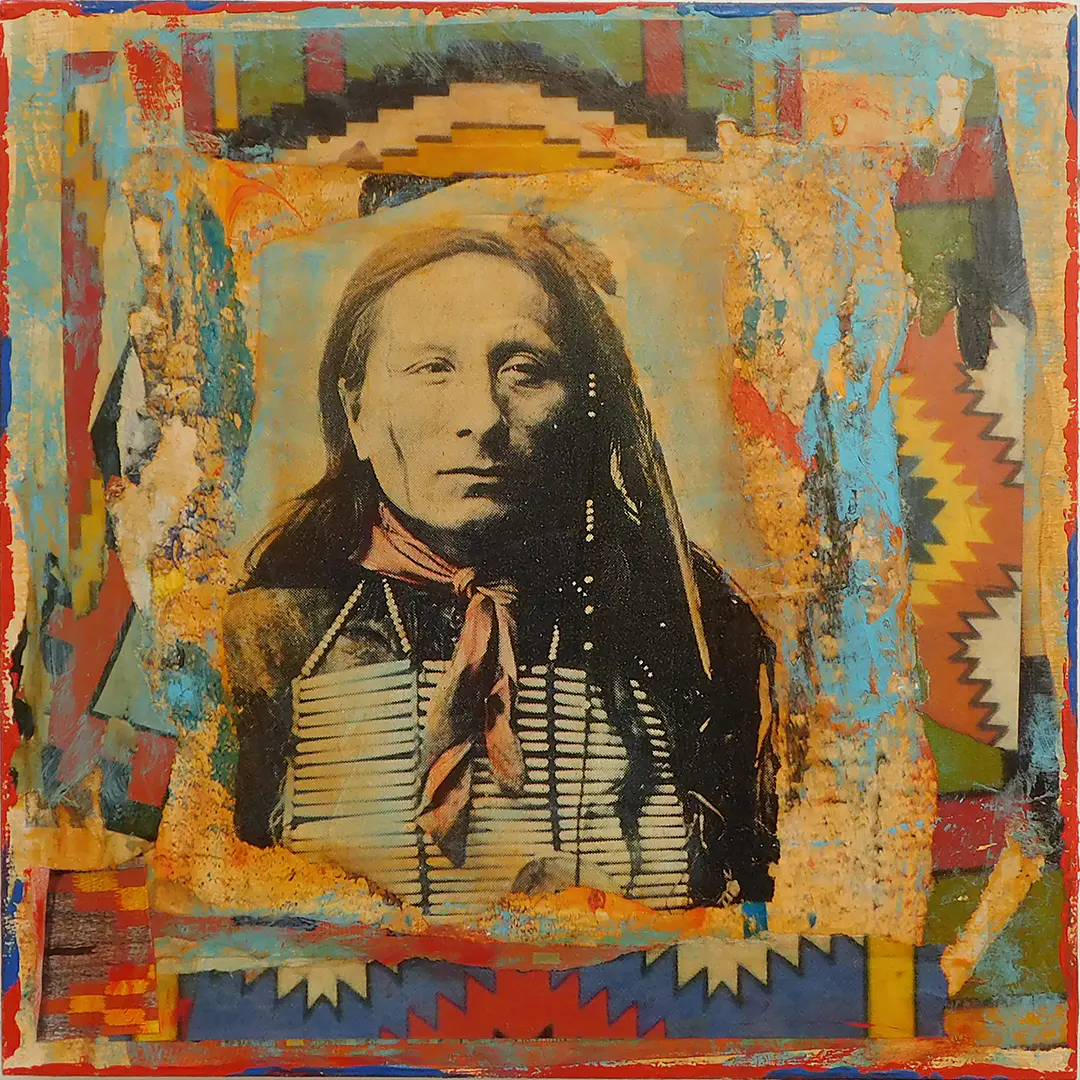 Mixed-media square artwork, 14 x 14 inches, from Dave Newman’s Native Ghost Series. A sepia-toned portrait of an Indigenous person with long hair and a neck scarf appears at the center, layered over rough textured paint and collage. The background is filled with turquoise, ochre, red, and cream, with geometric textile-like patterns framing the figure and giving the piece a weathered, spiritual, archival feel.