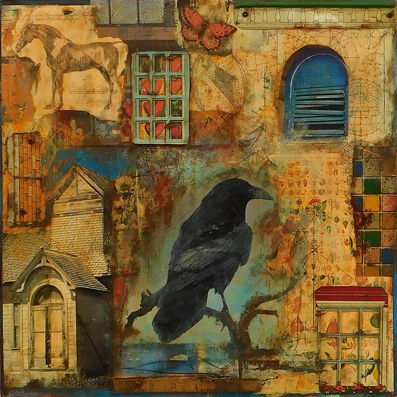 Through Nature’s Windows by Dave Newman is an 18 x 18 mixed-media painting featuring layered imagery and textured surfaces inspired by the natural landscape. The composition suggests looking through framed or window-like forms into a Southwestern scene, with earthy tones, vivid accents, and collage elements creating depth, movement, and a weathered, dimensional effect.
