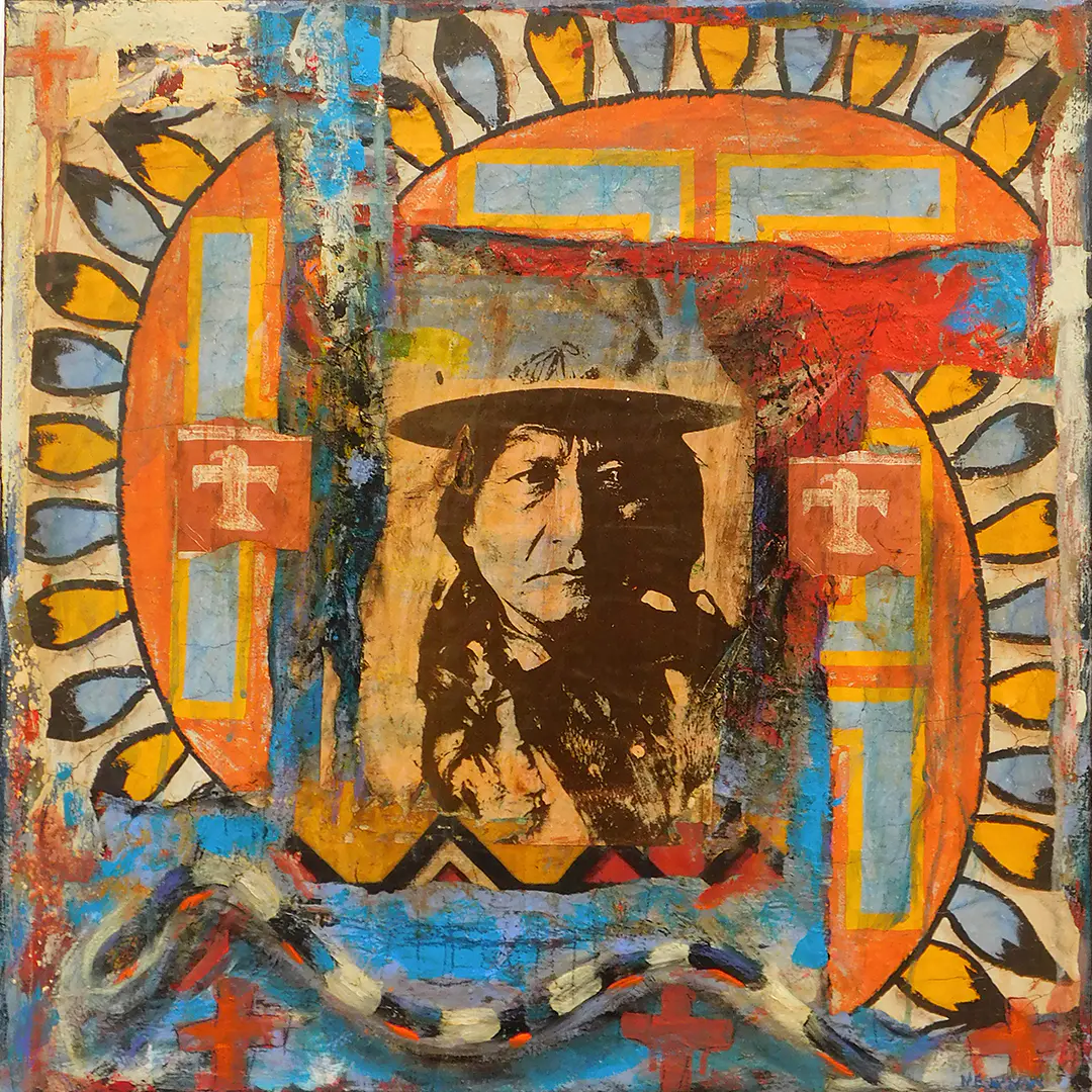 Mixed media painting by Dave Newman featuring a central portrait of a Native American figure layered over bold Southwestern geometric patterns, warm orange and blue tones, cross motifs, and expressive textured brushwork.
