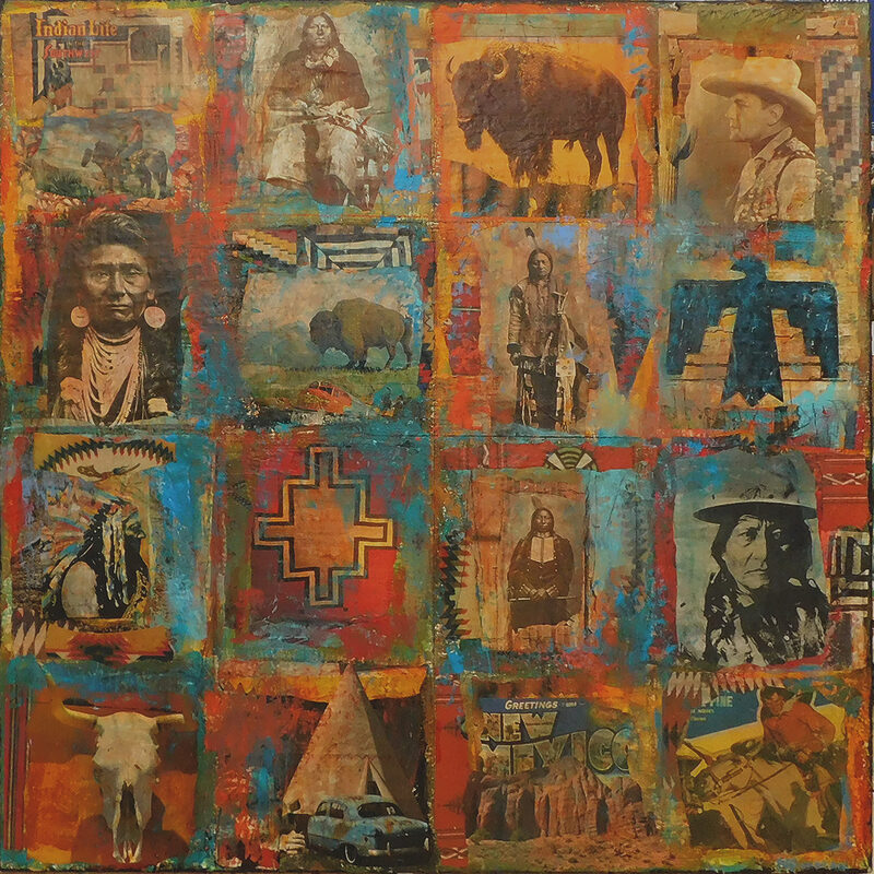 Every Picture Tells a Story by Dave Newman is a 48 x 48 mixed-media collage composed of richly textured, layered imagery arranged in a grid-like format. The surface features vintage portraits of Indigenous figures, a bison, cowboy profile, tipi, wagon, longhorn skull, desert scenes, and Southwestern motifs, all blended with vivid turquoise, rust, gold, red, and earth tones. Heavy texture and layered materials catch the light across the surface, emphasizing highlights and giving the piece a dimensional, weathered presence.