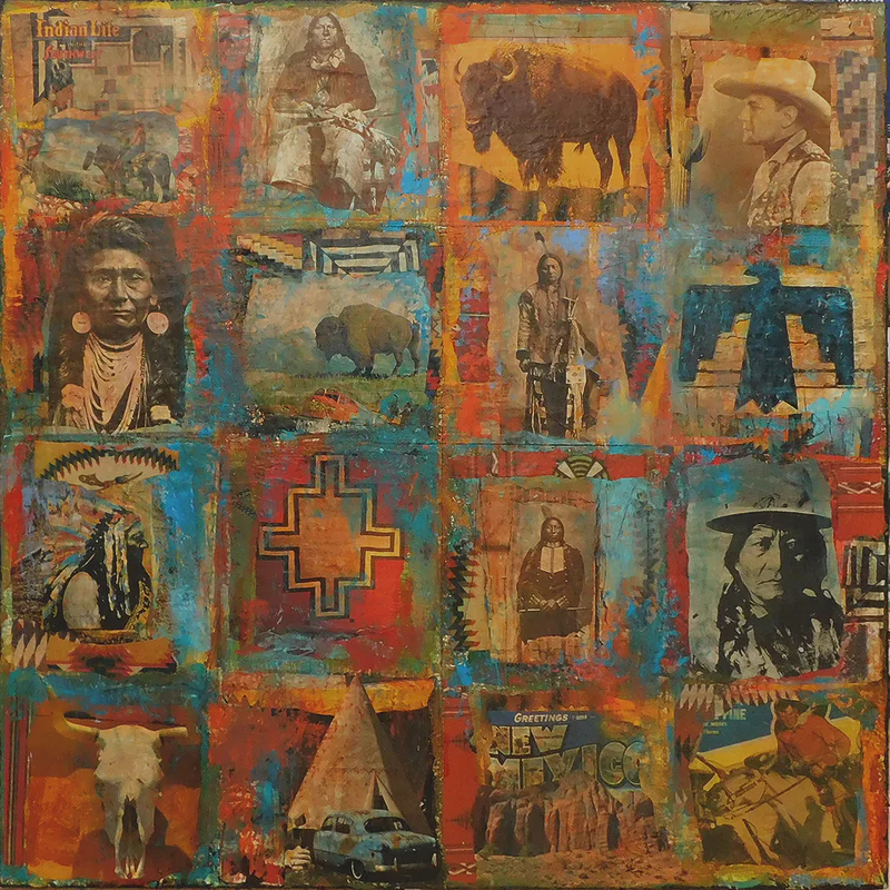 Every Picture Tells a Story by Dave Newman is a 48 x 48 mixed-media collage composed of richly textured, layered imagery arranged in a grid-like format. The surface features vintage portraits of Indigenous figures, a bison, cowboy profile, tipi, wagon, longhorn skull, desert scenes, and Southwestern motifs, all blended with vivid turquoise, rust, gold, red, and earth tones. Heavy texture and layered materials catch the light across the surface, emphasizing highlights and giving the piece a dimensional, weathered presence.