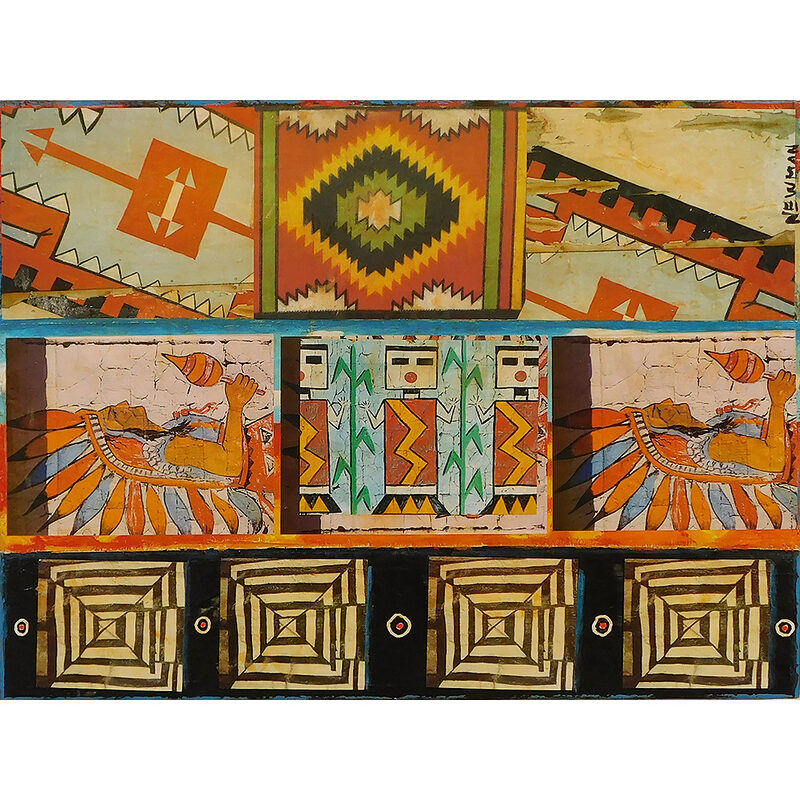 Mixed media painting by Dave Newman titled Native Sightings, featuring layered Southwestern and Native-inspired geometric patterns, ceremonial figures, and earth-toned panels arranged in a wide horizontal composition.