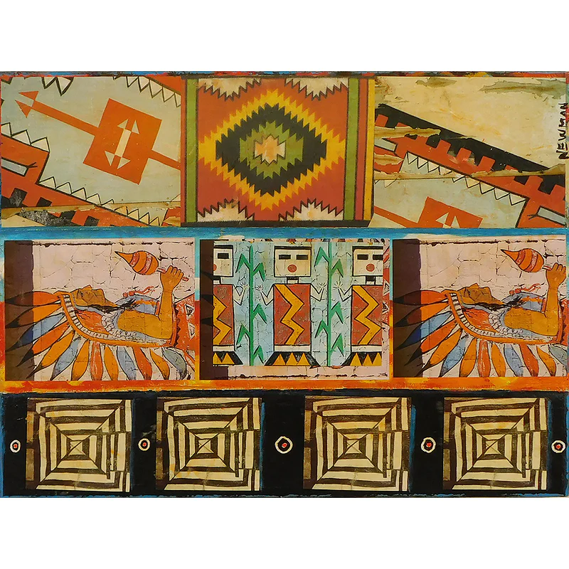 Mixed media painting by Dave Newman titled Native Sightings, featuring layered Southwestern and Native-inspired geometric patterns, ceremonial figures, and earth-toned panels arranged in a wide horizontal composition.