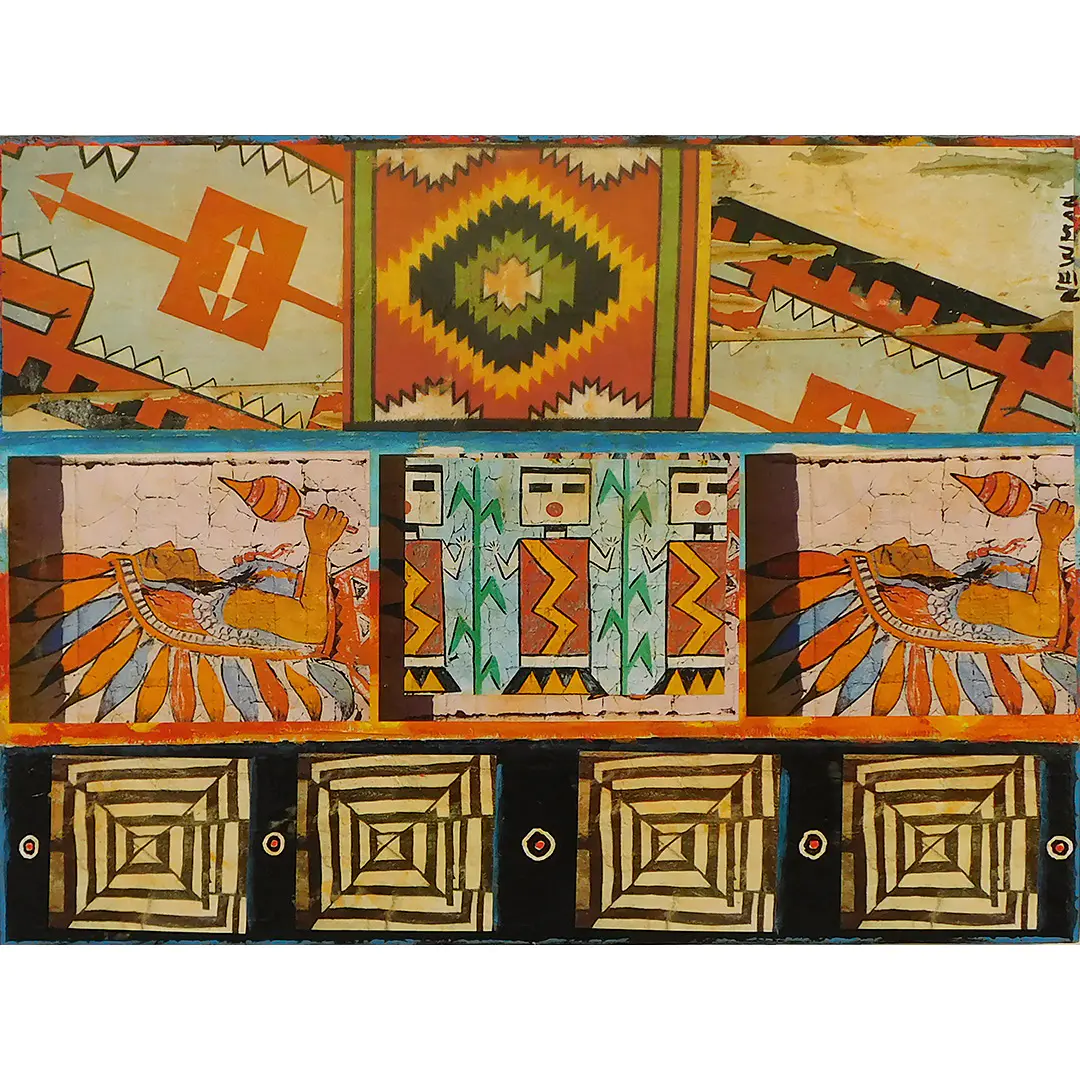 Mixed media painting by Dave Newman titled Native Sightings, featuring layered Southwestern and Native-inspired geometric patterns, ceremonial figures, and earth-toned panels arranged in a wide horizontal composition.