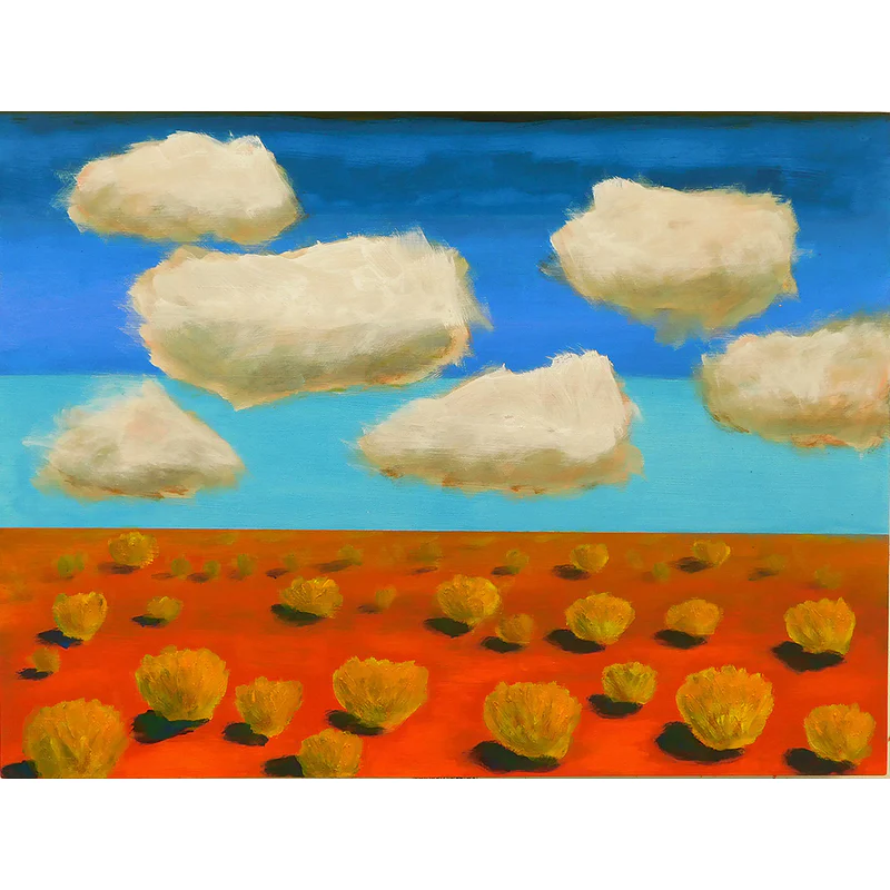 New Mexico #1 by Dave Newman is an 18 x 18 acrylic painting of a stylized Southwestern landscape with a vivid red-orange desert plain, scattered yellow shrubs, and a wide blue sky filled with soft white clouds. The composition is simple and bold, using strong horizontal bands of color to create a peaceful, modern interpretation of the New Mexico landscape.