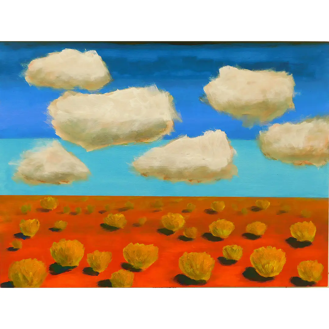 New Mexico #1 by Dave Newman is an 18 x 18 acrylic painting of a stylized Southwestern landscape with a vivid red-orange desert plain, scattered yellow shrubs, and a wide blue sky filled with soft white clouds. The composition is simple and bold, using strong horizontal bands of color to create a peaceful, modern interpretation of the New Mexico landscape.