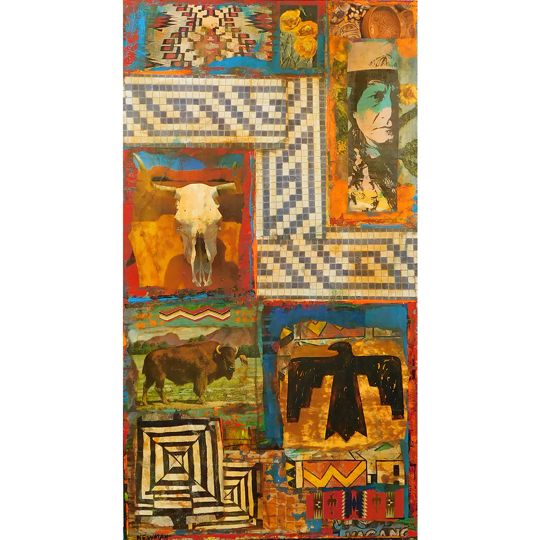 Mixed media painting by Dave Newman titled The Southwest and The Plains, featuring layered Southwestern and Plains imagery including geometric patterns, a longhorn skull, a buffalo, a stylized figure, and warm earthy colors.