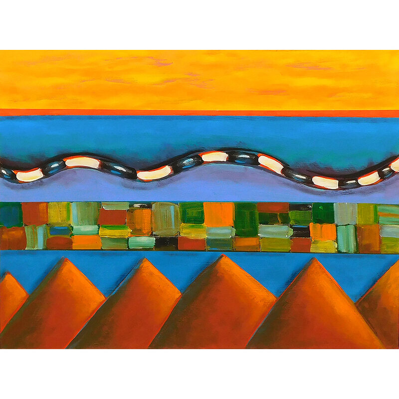 Colorful abstract landscape painting by Dave Newman titled New Mexico #3, featuring a golden sky, blue horizon, wavy black-and-white band, multicolored geometric strip, and orange pyramid-like forms.