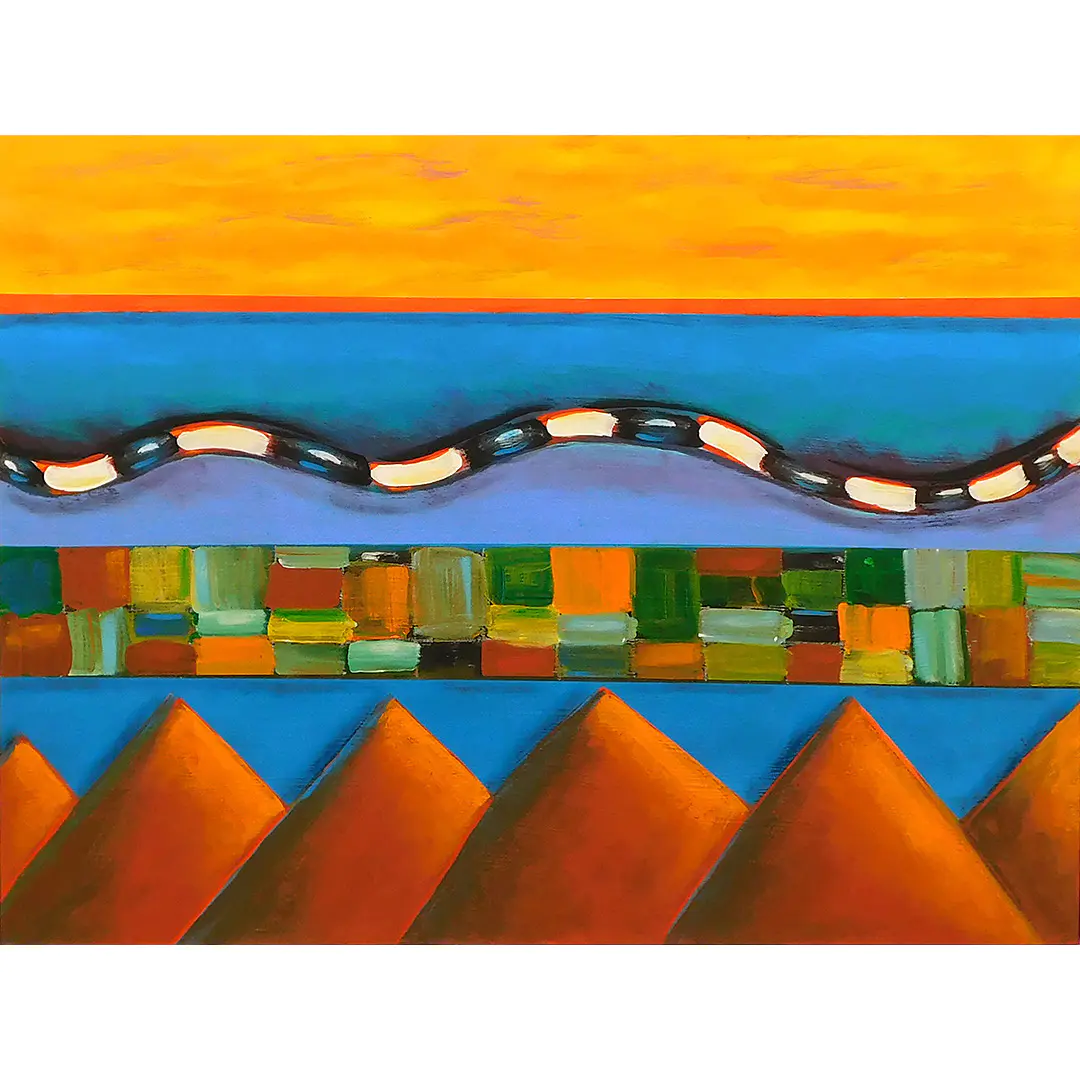 Colorful abstract landscape painting by Dave Newman titled New Mexico #3, featuring a golden sky, blue horizon, wavy black-and-white band, multicolored geometric strip, and orange pyramid-like forms.
