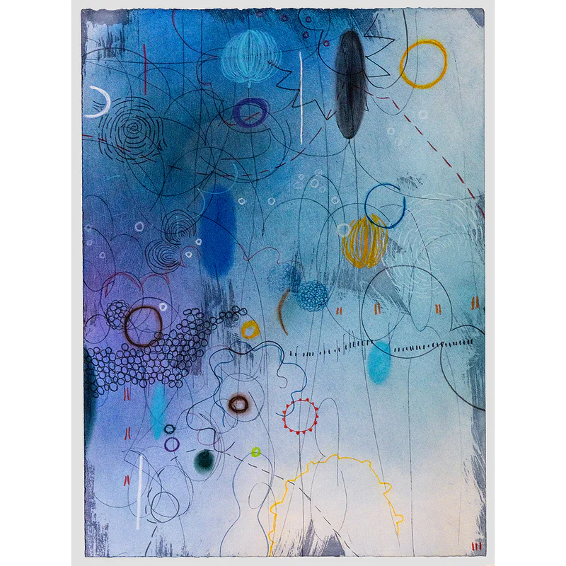 Abstract painting by Emmi Whitehorse with layered, earth-toned shapes and delicate linework suggesting a map-like path or walking route across a landscape.