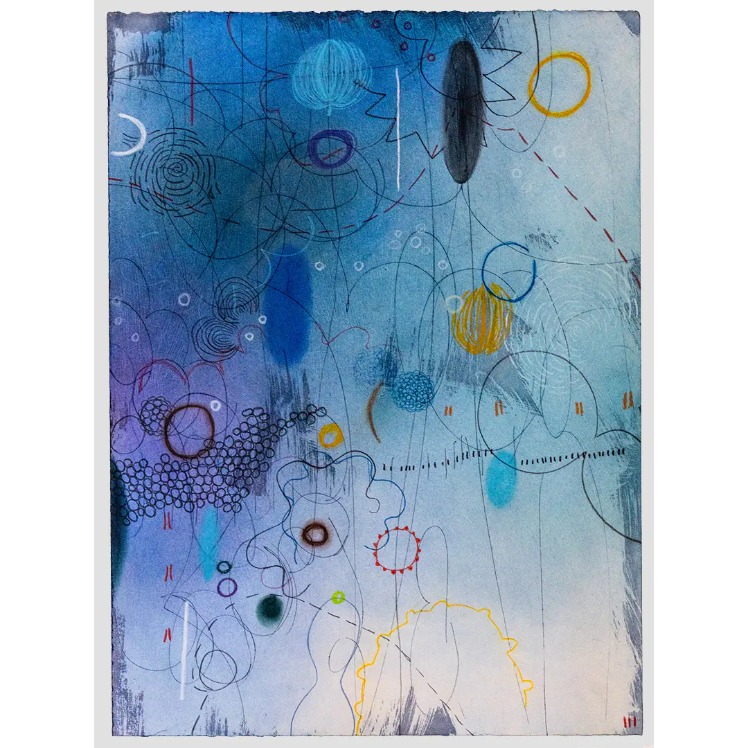 Abstract painting by Emmi Whitehorse with layered, earth-toned shapes and delicate linework suggesting a map-like path or walking route across a landscape.