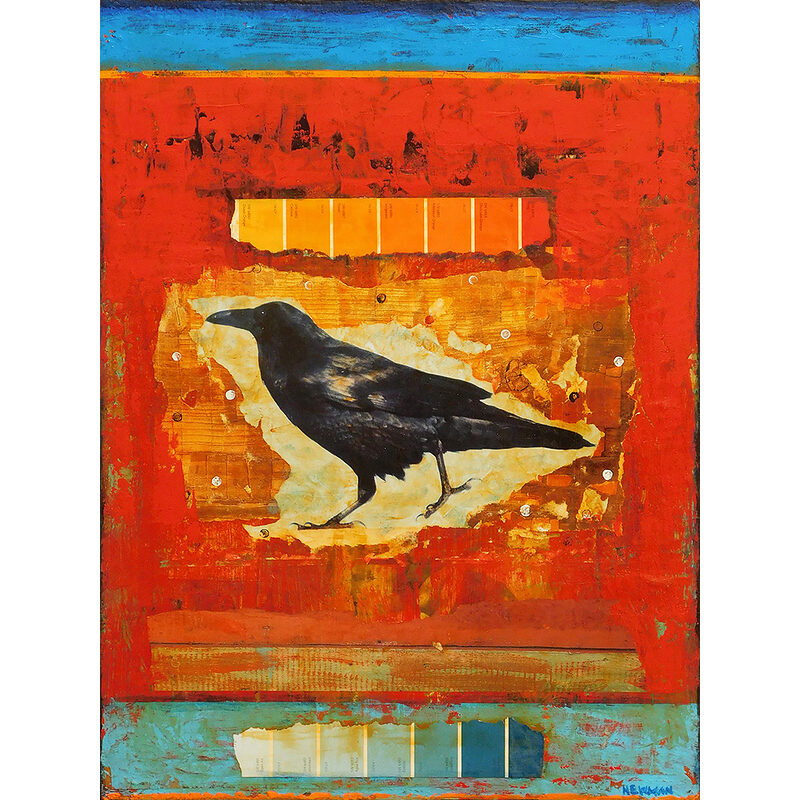 Mixed media painting by Dave Newman titled Ravens of Color, featuring a black raven centered against layered red, orange, and turquoise fields with distressed textures and paint sample collage elements.