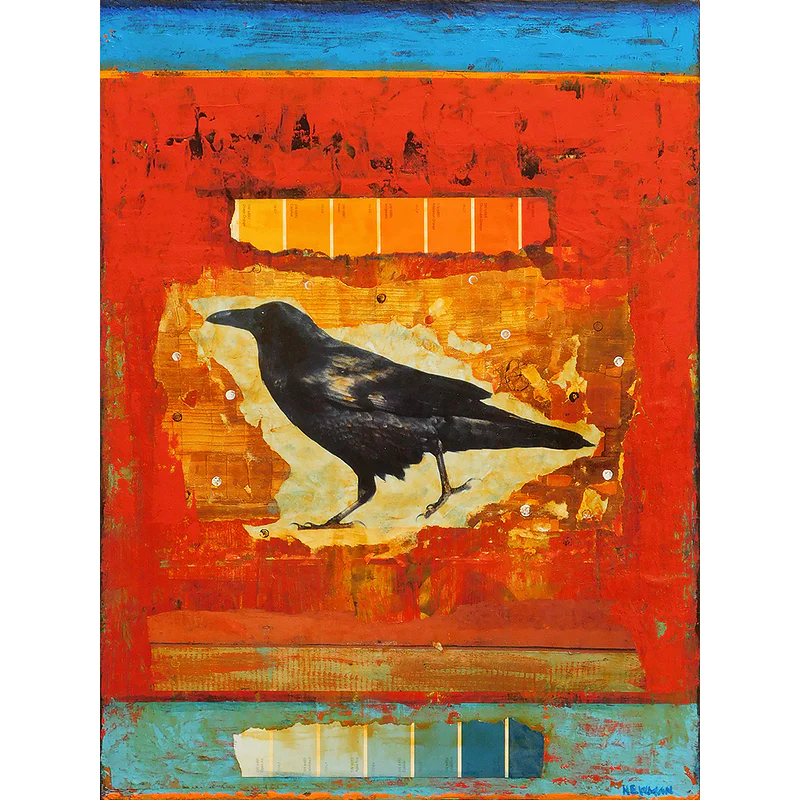 Mixed media painting by Dave Newman titled Ravens of Color, featuring a black raven centered against layered red, orange, and turquoise fields with distressed textures and paint sample collage elements.