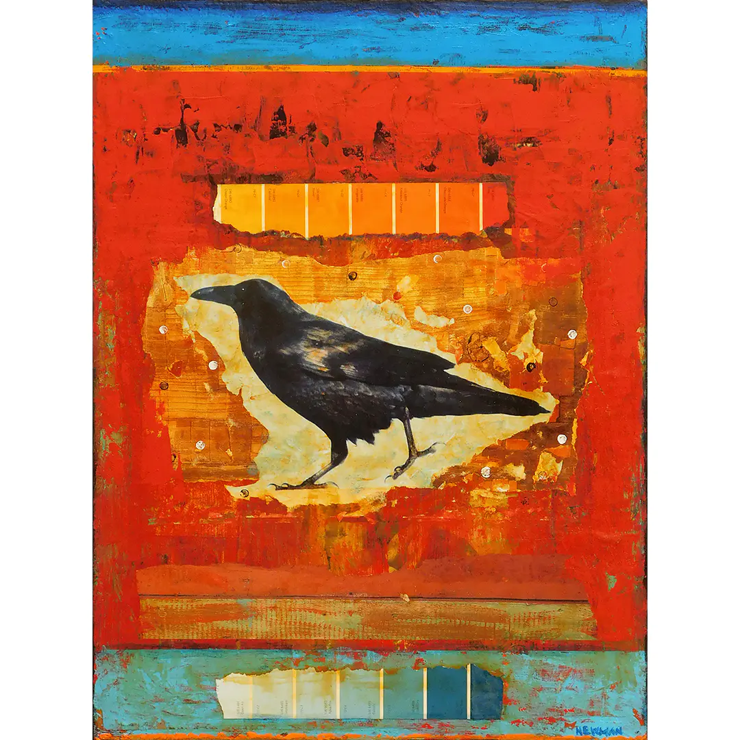 Mixed media painting by Dave Newman titled Ravens of Color, featuring a black raven centered against layered red, orange, and turquoise fields with distressed textures and paint sample collage elements.