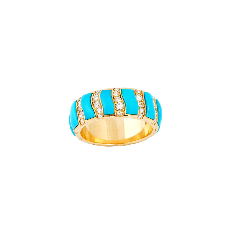 Mia Zaara Hamdouni turquoise inlay ring with Sleeping Beauty turquoise panels framed by rows of diamonds in a 14k gold band