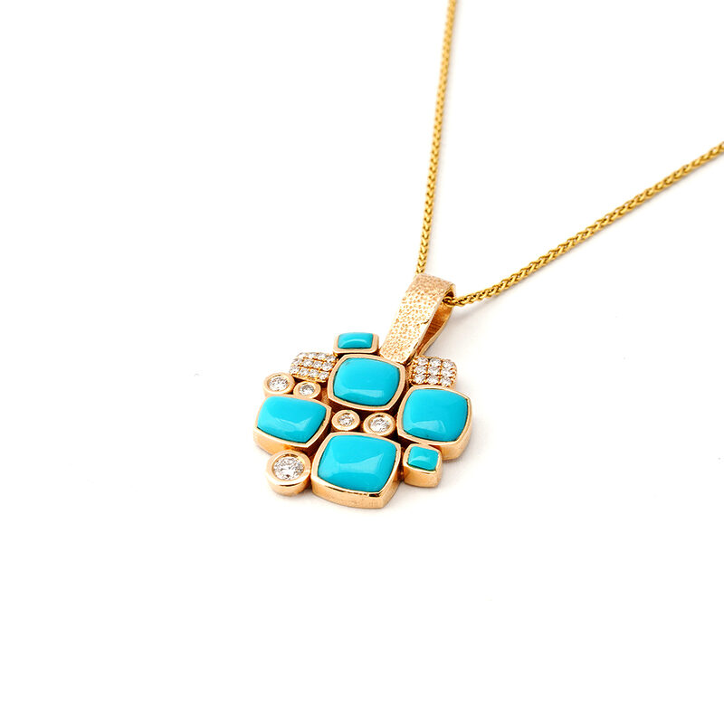 Mia Zaara Hamdouni 14k gold pendant necklace with Sleeping Beauty turquoise cabochons set like tiles and accented with diamonds