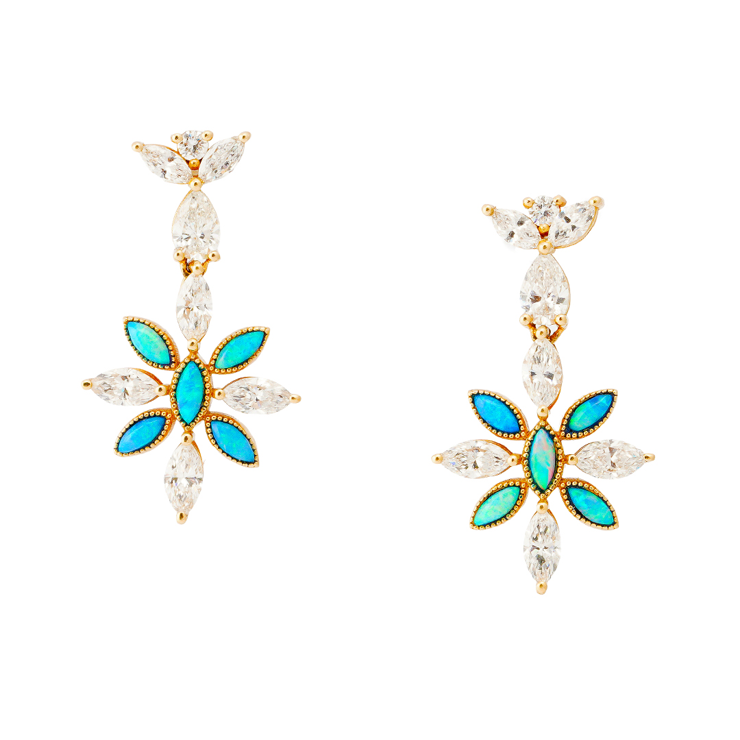 Mia Zaara Hamdouni 14k gold flower earrings with marquise Australian opal petals and marquise and pear-cut diamonds