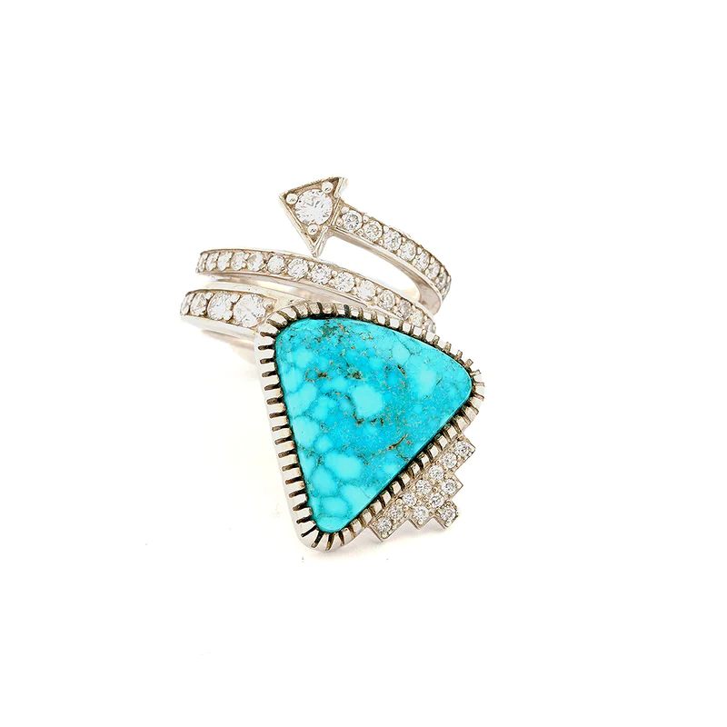 Bo Monongye sterling silver ring with triangular Kingman turquoise, diamond Navajo rug design and diamond arrow wrap band