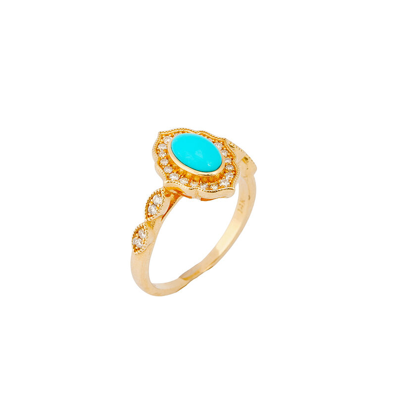 Mia Zaara Hamdouni turquoise halo ring with an oval Sleeping Beauty turquoise in a scalloped diamond halo and diamond-set shoulders, 14k gold