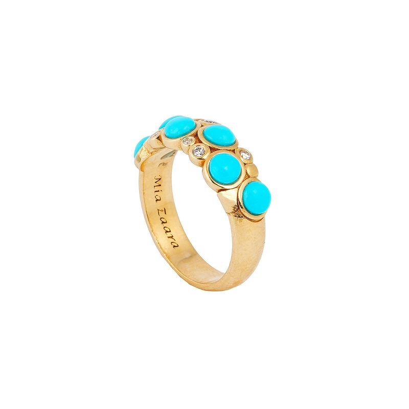 Mia Zaara Hamdouni turquoise band ring with round Sleeping Beauty turquoise cabochons and bezel-set diamonds on a 14k gold band, signed Mia Zaara inside