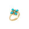 Mia Zaara Hamdouni turquoise flower ring with four pear-shaped Sleeping Beauty turquoise petals around bezel-set diamonds on a 14k gold band