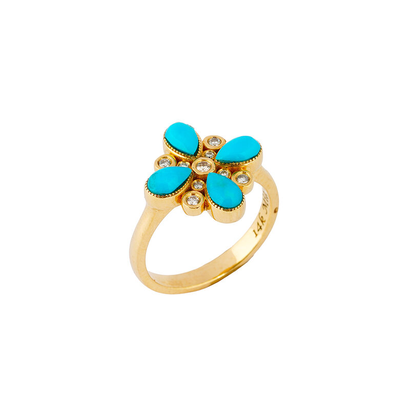 Mia Zaara Hamdouni turquoise flower ring with four pear-shaped Sleeping Beauty turquoise petals around bezel-set diamonds on a 14k gold band